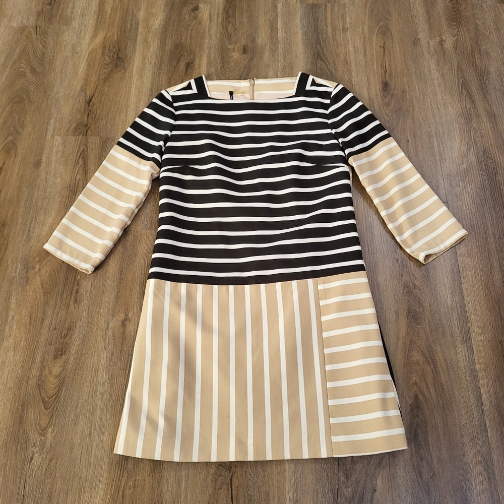 4.Collective 4C Anthropologie Dress Striped Black Tan White Size 10 Square Neck